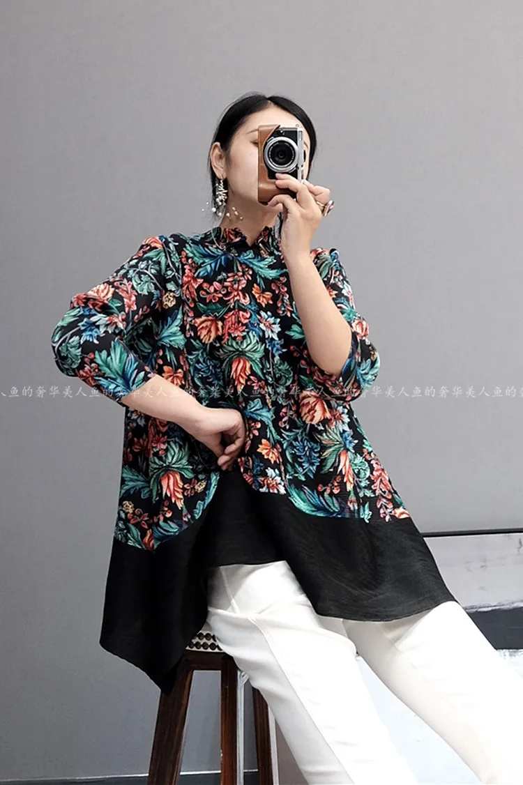 Горячая Miyake fold три четверти футболка народная печать Пряжка футболка