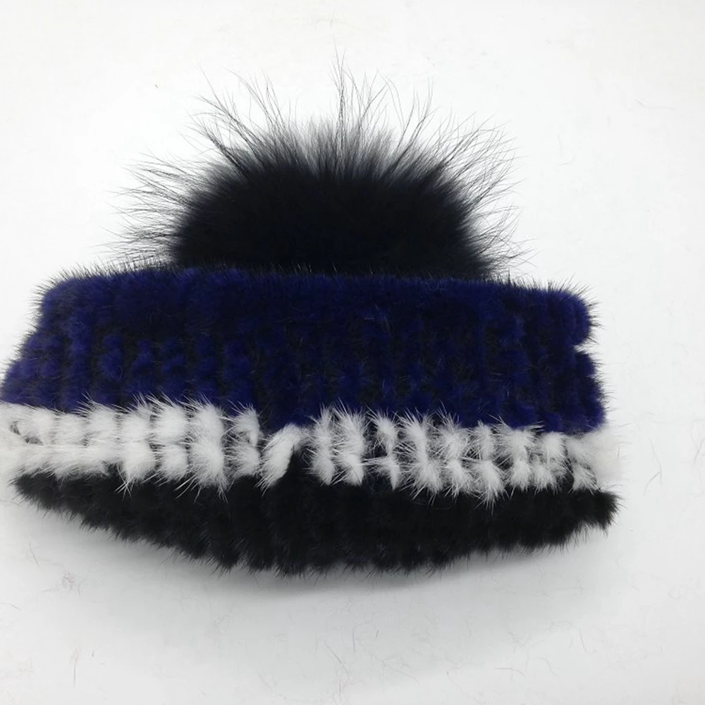 Women's Knitted Mink Hat New Fashion Raccoon Fur Ball Women Winter Headgear Cap Ski cap