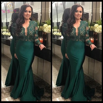 

2020 Dark Green Illusion Long Sleeves Evening Dresses With Deep V Neck Lace Mermaid Prom Dress Long Party Gowns