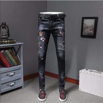 

Embroidered jeans men's slim feet embroidered vibrato trend printing personality trendy men's pants