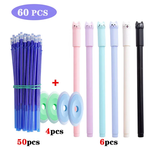 

60pcs Erasable Gel Pen Set Cartoon Animals Cat Washable Handle Erasable Refill Rods for School Office Writing Tools Stationery