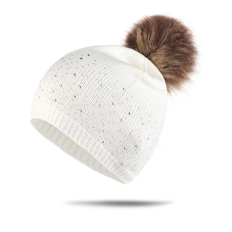 WZCX Fashion Rhinestone Inlay Solid Color Baby Pompom Hat Keep Warm Casual Tide Girls Children's Winter Cap