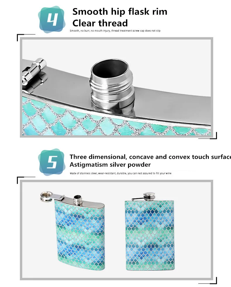 8 унций 304 нержавеющая сталь ликер бедра фляги чешуя Русалки поверхность бутылка виски 3D вогнутая и выпуклая ощущение спирта фляга