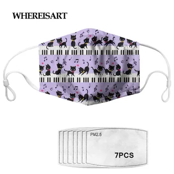 

WHEREISART Music Cat Print Woman Mouth Mask with 7pcs Filters Breathable Kids Face Mask Non-disposable Anti-dust Masks