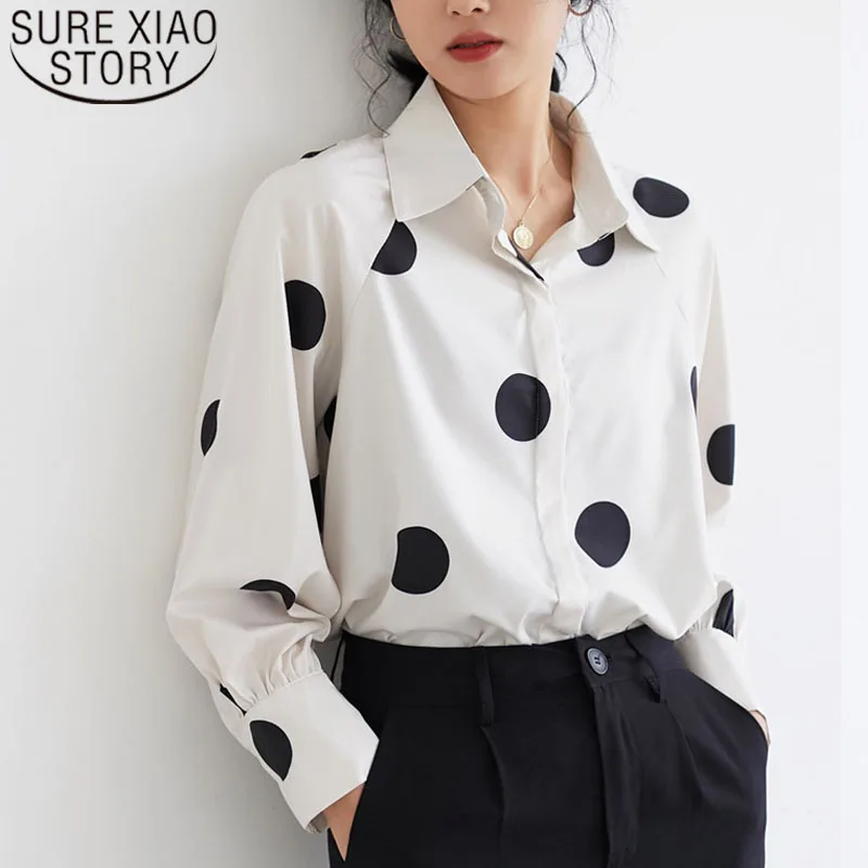 Blusas mujer de moda, женские топы с длинным рукавом, одноцветные белые рубашки на пуговицах, женский топ с v-образным вырезом и рукавом-фонариком в горошек harajuku 5267 50