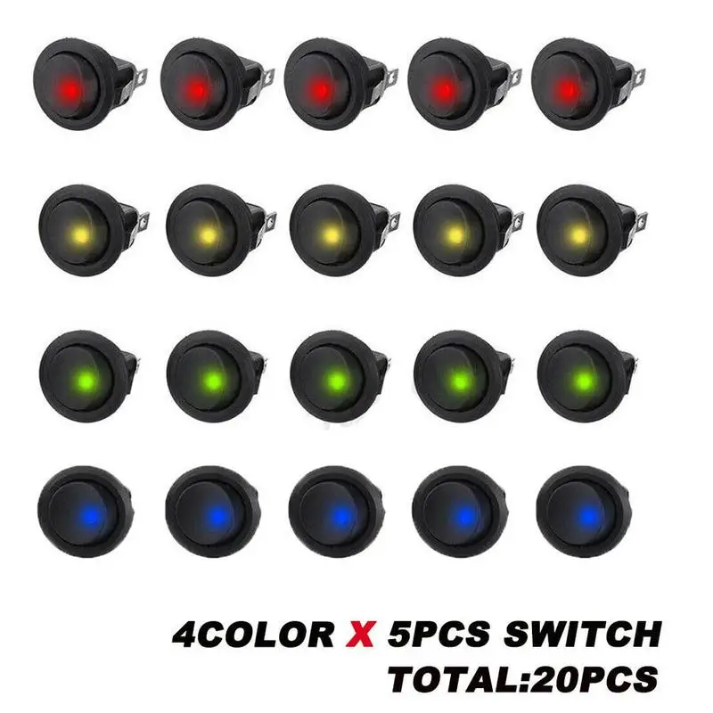 

16A 12V Waterproof SPST Switch LED Dot Light Car Boat Round 4 Colors 20PCS Rocker ON/OFF SPST Switch