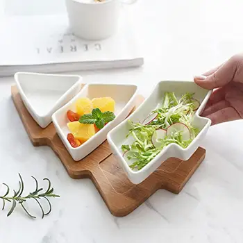 

Christmas Tree Ceramic Dish Tray Removable Snack Platter Cookie Plates Holiday Party Dessert Dinnerware with Bamboo Base Stand