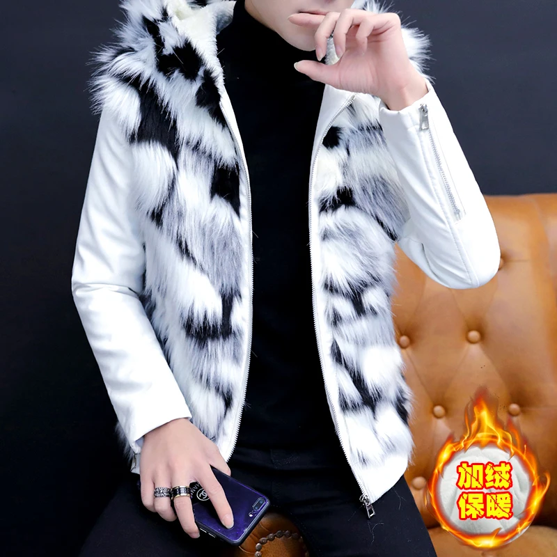 Мужская имитация меха одна индивидуальность красивый кожаный с капюшоном Молодежный зимний с бархатом с толстой кожаной курткой