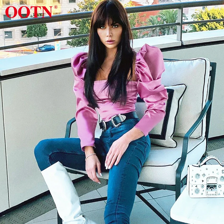 

OOTN Sexy Silk Purple Blouse Puff Sleeve Top Elegant Women Shirt Square Collar Slim Satin Blouses Female Spring Summer Shirt