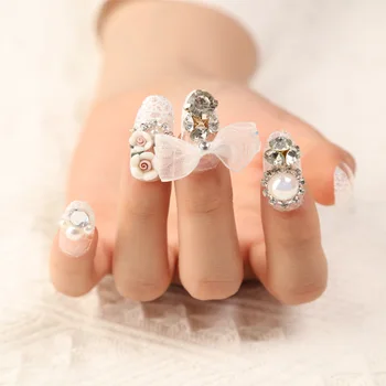 

24pcs/box Carving Flower 3D Diamond Rhinestone fake nails press on for Bride Full Cover Finished Fingernails tips with glue