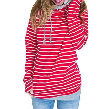 

2019 Women Autumn Patchwork Striped Pullover Long Sleeve Hoody Tops With Pockets Casual Double Hooded Sweatshirt