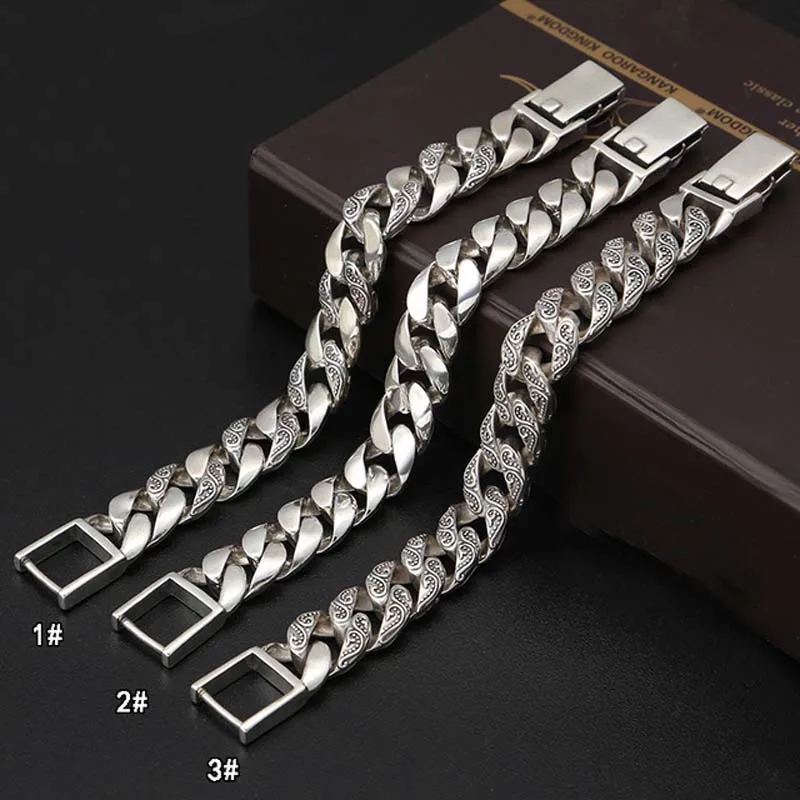 

925 Sterling Silver 16mm 20cm Vintage Retro Antique Engrave Bracelets Women Men Fine Miami Cuban Chain Hip hop Bracelet Bangle
