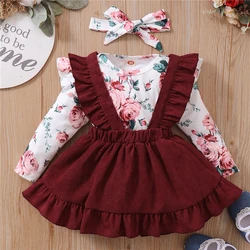Ensemble de vêtements pour bébés filles, barboteuse à imprimé Floral et robe à bretelles solides, en coton, nouvelle collection printemps automne 