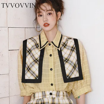 

TVVOVVIN 2020 Fashion Vintage Temperament Sailor Collar Patchwork Shirt Single-breasted Plaid Cardigan Casual Loose B096