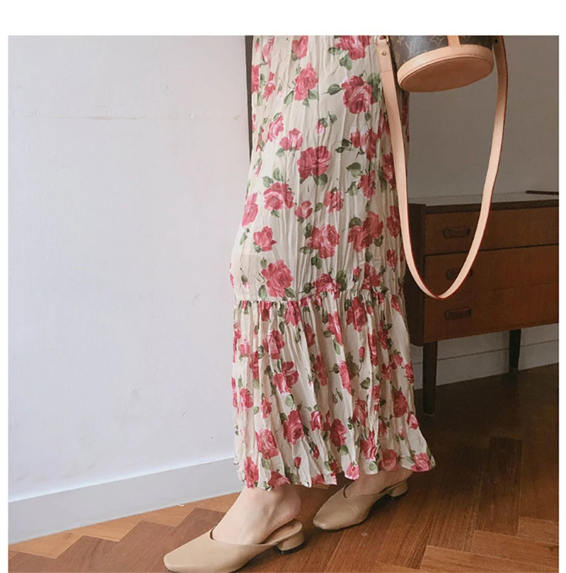 Tonglord 2020 Women Chiffon Dress V-neck Floral Print A-line Ruffles Female Party Dress Vintage Flare Sleeve Long Vestidos Femme