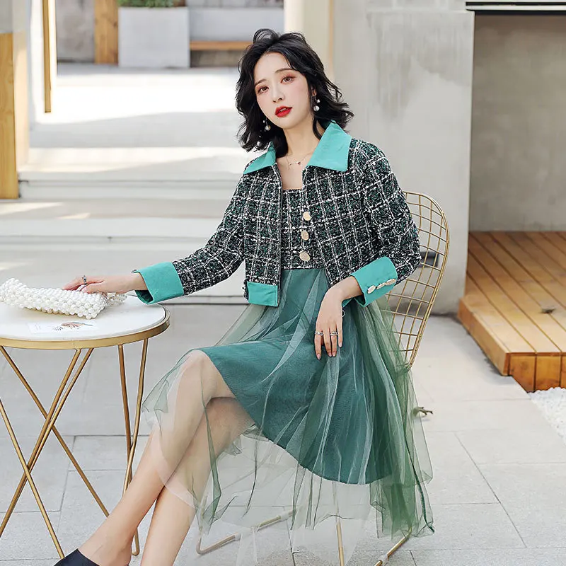 

Graceful Plaid Small Suit Set 2020 Spring New Style Retro Immortal French Mesh Dress Two-Piece Dress