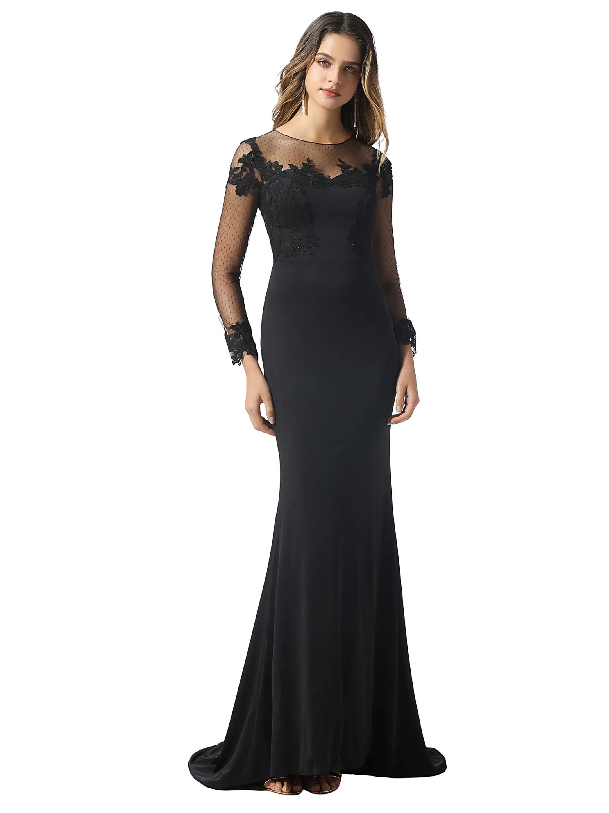 

Dressv black elegant evening dress scoop neck long sleeves appliques mermaid with court train wedding party formal evening dress