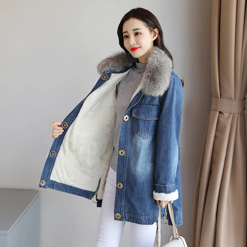

2019 Winter New Style Mid-length Slimming Fox Fur Collar Thick Lamb's Wool Cowboy Cotton-padded Clothes Cotton Coat plus Velvet