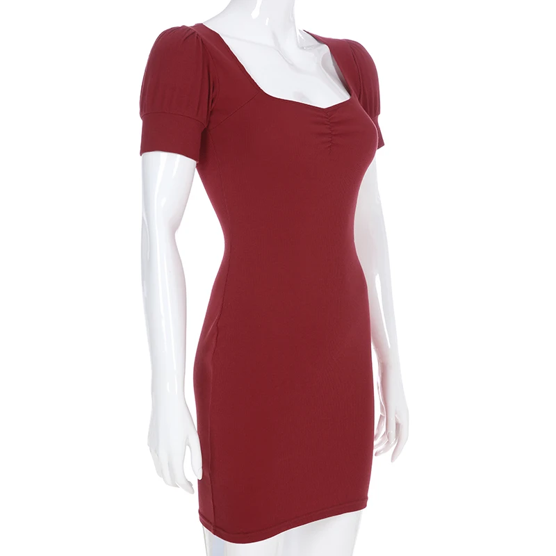 Rapwriter Vintage Square Collar Ruched Short Sleeve Slim Knitted CottonPencil Dress Women New Casual Mini Dress Vestodo