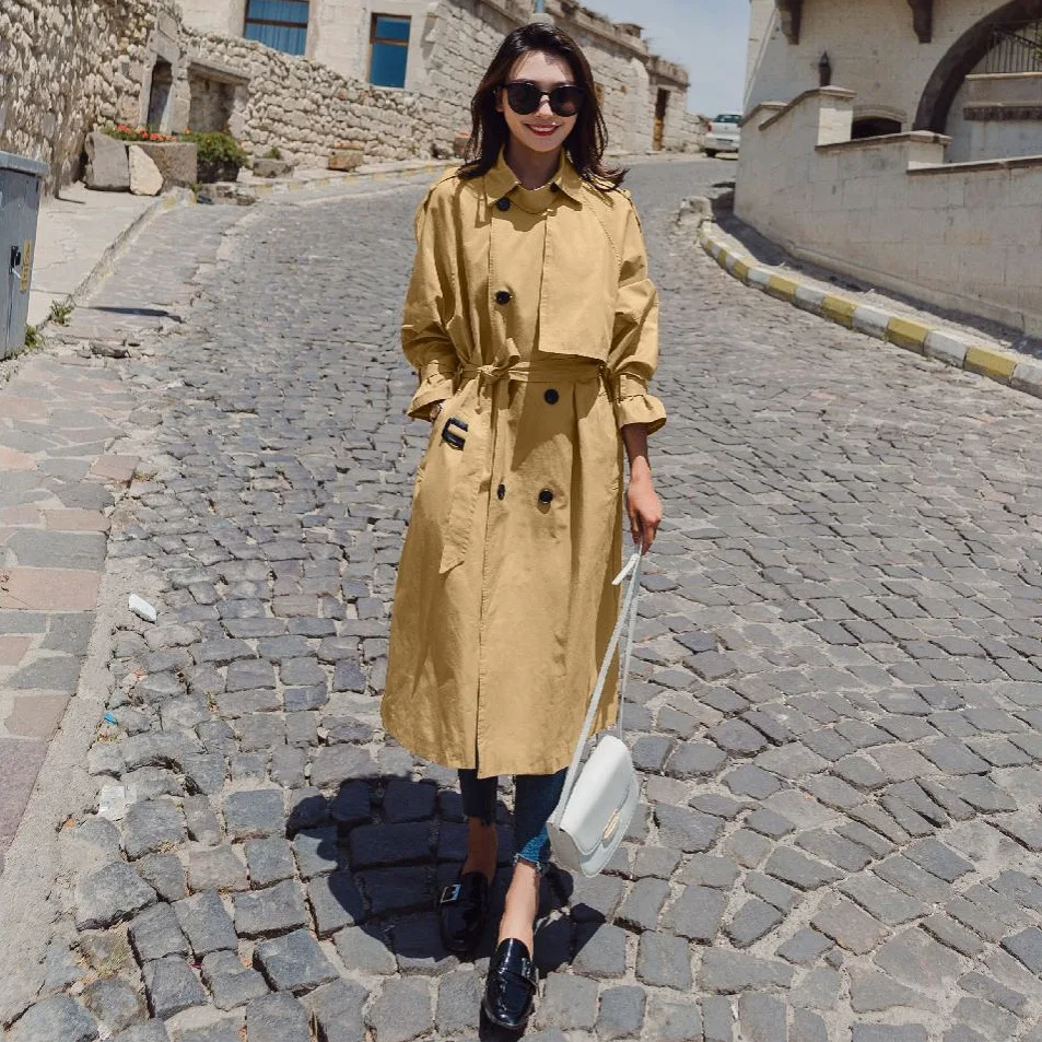 

Photo Shoot LULU Trench Coat Women's Waist Hugging Lace-up New Style Loose-Fit CHIC Normcore Style Grey Long Cape Ol Coat