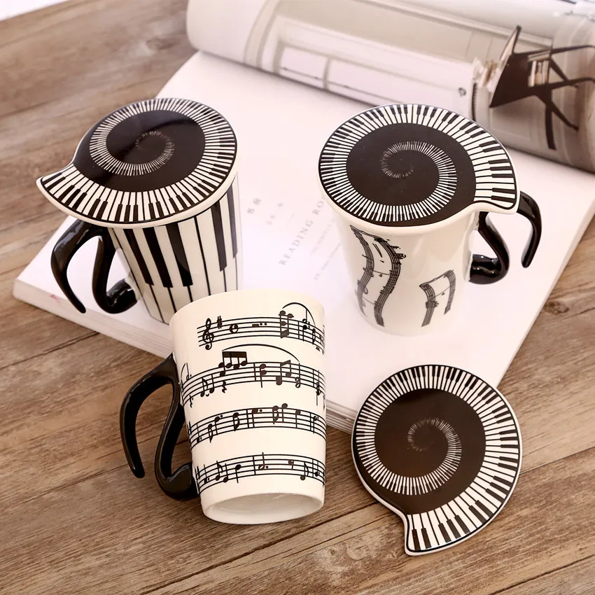 30pcs/lot Creative ceramic music cup notes mark water lovers keyboard on with cover coffee | Дом и сад