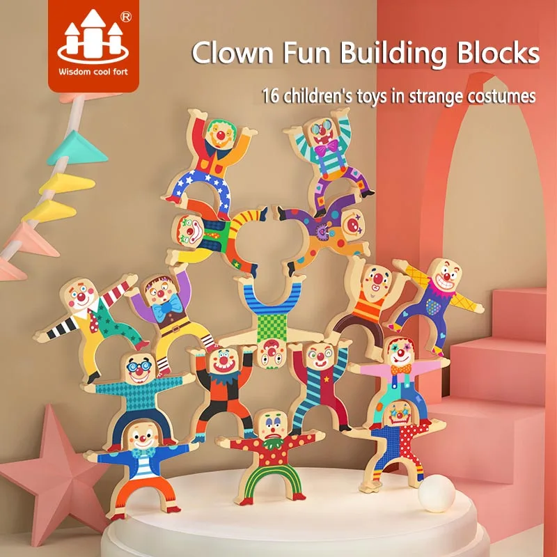 

16pcs Wooden Clown Interlock Toys Joker Balance Stacking High Building Blocks Games Toddlers Kids Educational Toys
