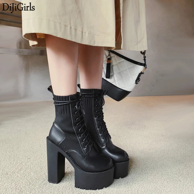 Botas de plataforma estilo gótico Punk con cordones botas negras zapatos de otoño botas de tacón alto grueso para mujer botas tobillo de _ - AliExpress Mobile