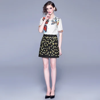 

Runway Summer Women's Two Piece Skirt Suits New Fashion Print Short Sleeve Shirt Top + Mini Skirt Sets