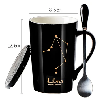 

VIP 12 Constellations Creative Ceramic Mugs with Spoon Lid Black and Gold Porcelain Zodiac Milk Coffee Cup 420ML Water Drinkware