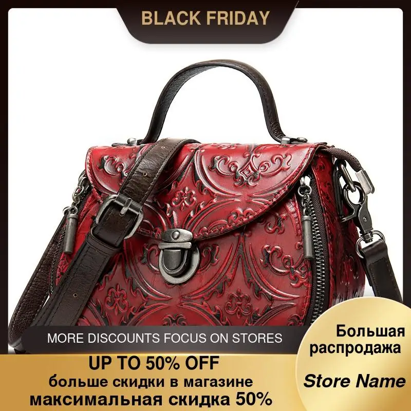 

New 2020 First Layer Cowhide Ladies Handbags Casual Girls Messenger Shoulder Retro Embossed Leather Bag