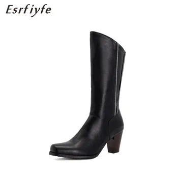 

ESRFIYFE 2020 New Women Black Block High Heels Mid Calf Boots Lady Riding Cowboy Boots Winter Designer Thigh High Western Boots