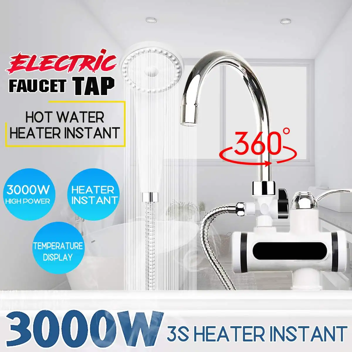Grifo eléctrico instantáneo de 220V, calentador de agua caliente de 3000W, acero inoxidable, pantalla LED giratoria de 360 °, cabezal de ducha de baño, cocina