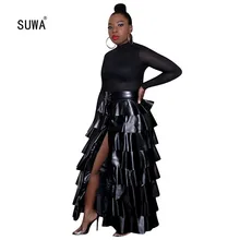 Черная кожа Высокая талия свободные макси юбки мода невона дизайн уличная Женская пуговица ниспадающая плиссированная юбка-плиссе