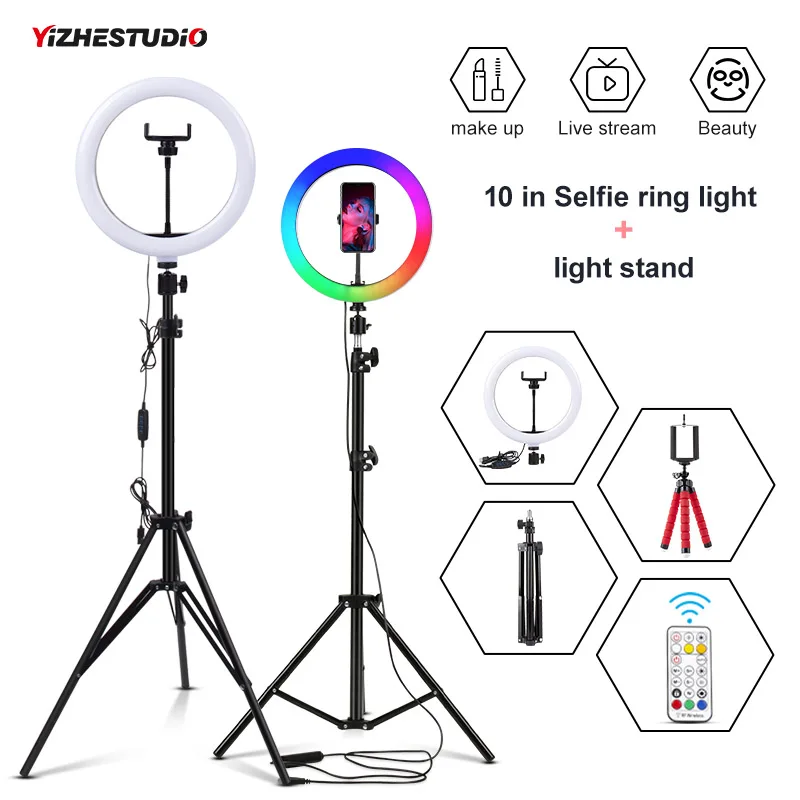 Yizhestudio 10in Selfie Ring Light with Stand tripod Dimmable LED Lamp Phone Holder USB Plug for Live Video Streaming | Электроника