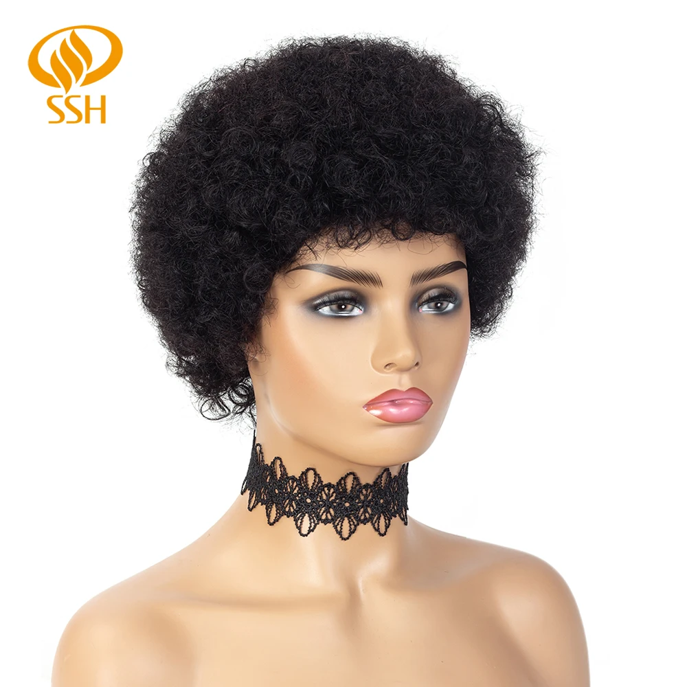 SSH Short Afro Kinky Curly Wig Brazilian Remy Human Hair Wigs For Black Women Black Brown Color Free Shipping