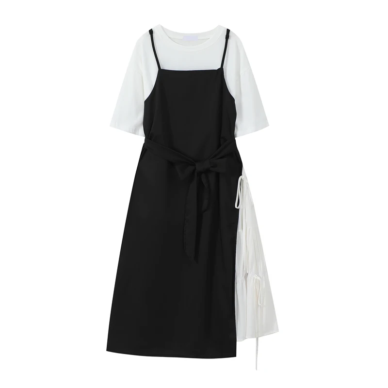 Solto o Pescoço Peças de Verão sem Mangas Split Vestido Feminino Casual Retalhos Diário Estilo Coreano Falso Duas Vestidos Chiques 4 Toys & Sports