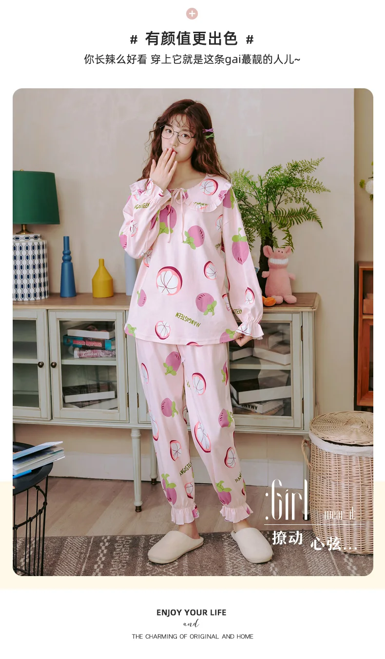 Fruit Mangosteen Print Home Clothes For Women Autumn Full Cotton Femme Pajamas Sets Girl's Sleepwear Big Yards 3XL Pijamas Mujer