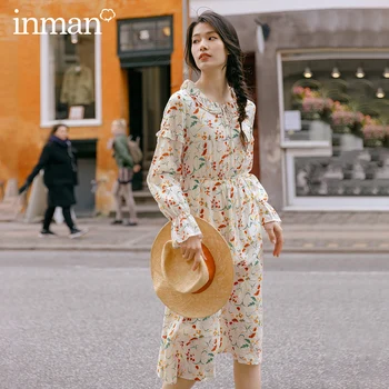 

INMAN 2020 Spring New Arrival Literary Pure and Fresh Two-double Stringy Selvedge Lace-up Slimmed Nipped Waist Dress