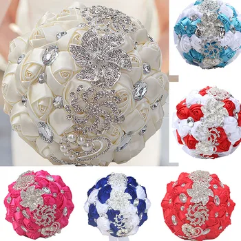 

Wedding Bouquet Artificial Rose Crystal Posy with Satin Rhinestone pearl Throw Bouquet Bride Holding Flowers Bouquet de mariage