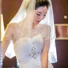 JIERUIZE, роскошная короткая свадебная вуаль с жемчугом, два слоя, тюль, свадебная фата с кристаллами, головной убор