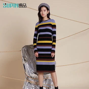 

SUPIN Spring Women Fashion Knitted Slim Fit Dress Female Oneck Stripe Full Sleeves Long Dress 518472015