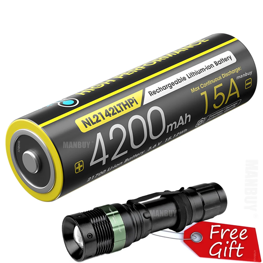 Nitecore NL2142LTHPi Low Temperature 21700 4200mAh 15A 3.6V i Series Protected Li-ion Rechargeable Battery+ Free Gift Flashlight