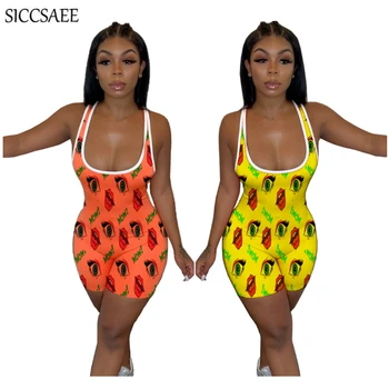 

Eye Lip Letter Cartoon Printed Bodycon Bodysuit Tank Sexy One Piece Bandage Playsuits Shorts Summer Club Wear Casual Mono Mujer
