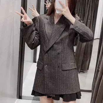 

Women Vintage Notched Striped Blazer Suit Winter Jacket Pockets Slim Outwear Office Work Coat