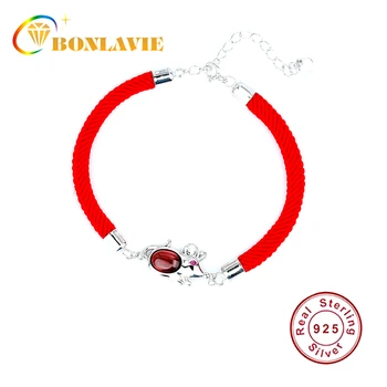 

BONLAVIE S925 Pure Silver Red Rope Hand-made Bracelet Inlaid with Garne Rat Bracelet Hand Decorated with Red Rope