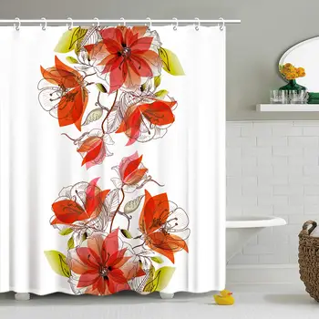

Floral Shower Curtain, Flowers Leaf Central Season Celebrating Theme, Cloth Fabric Bathroom Decor Set with 12Hooks, " Long