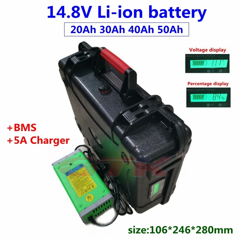 

Waterproof 4S 14.8V 50Ah 40Ah 30Ah 20Ah Lithium li ion battery not 12v with BMS for fish boat golf trolly lamp light+5A Charger