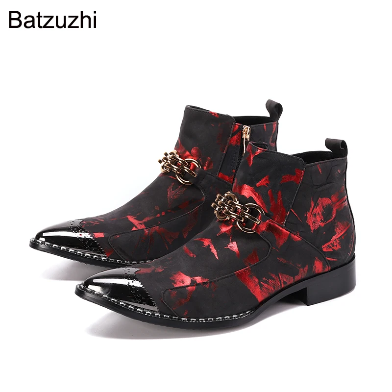

Batzuzhi Handmade Men Leather Ankle Boots Men Pointed Metak Toe Black Red Short Boots Men for Party and Wedding/Motorcycle!