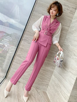 

Fashion Splicing Perspective Waistband Business Suit Collar Blouse + Straight Trouser Suit Women's Clothing 2020 Autumn New