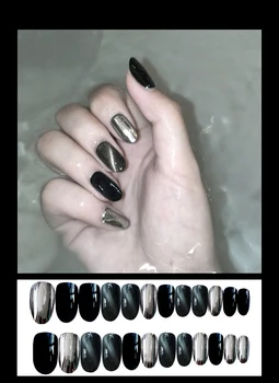 

ENDRRFLLA Cat Eye False Nail Pieces Wear Nail Stickers Finished Nail Stickers Black Three Jump Color Nail Beauty Makeup 24 Pcs